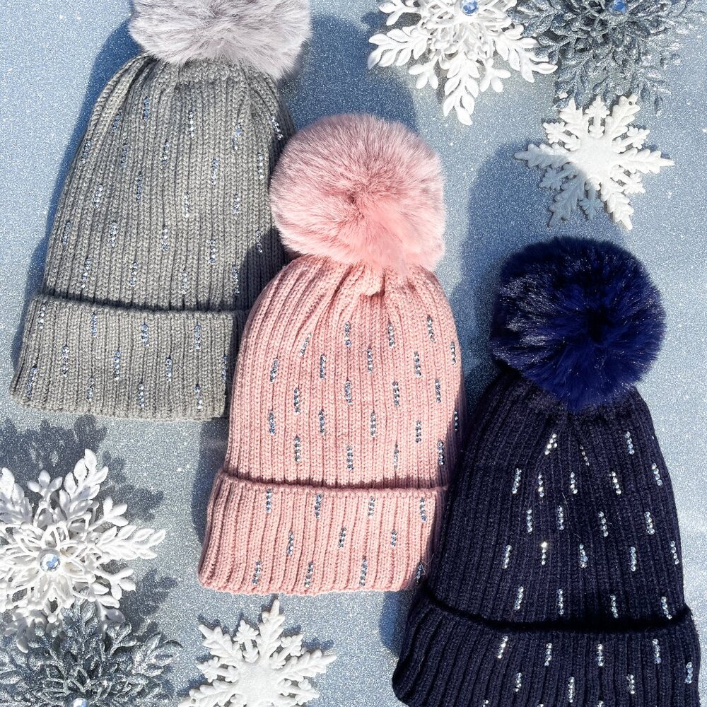 Silver Rhinestone Faux Fur Pom Pom Winter Ski Beanie